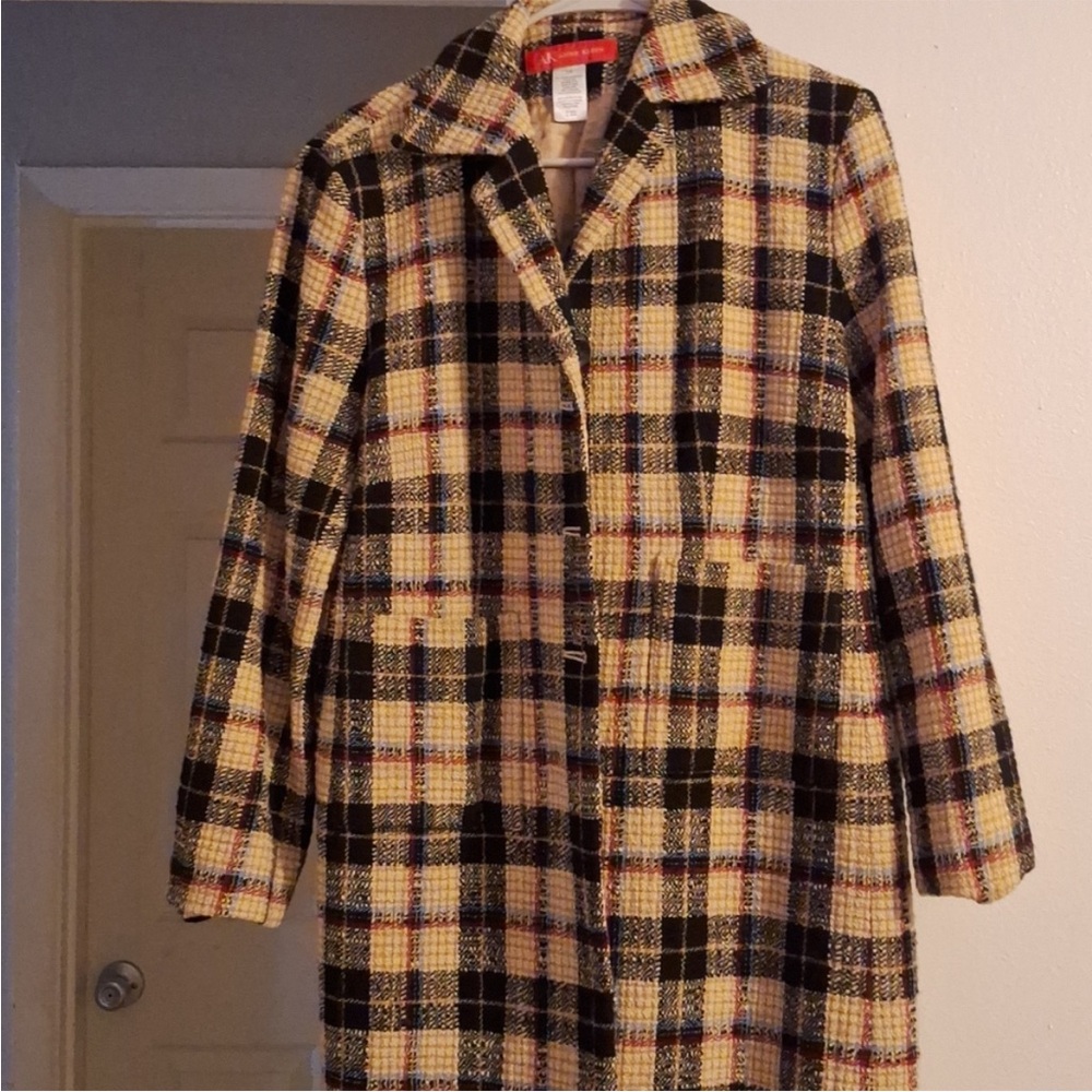 Anne Klein Black and Cream Plaid Trench Coat